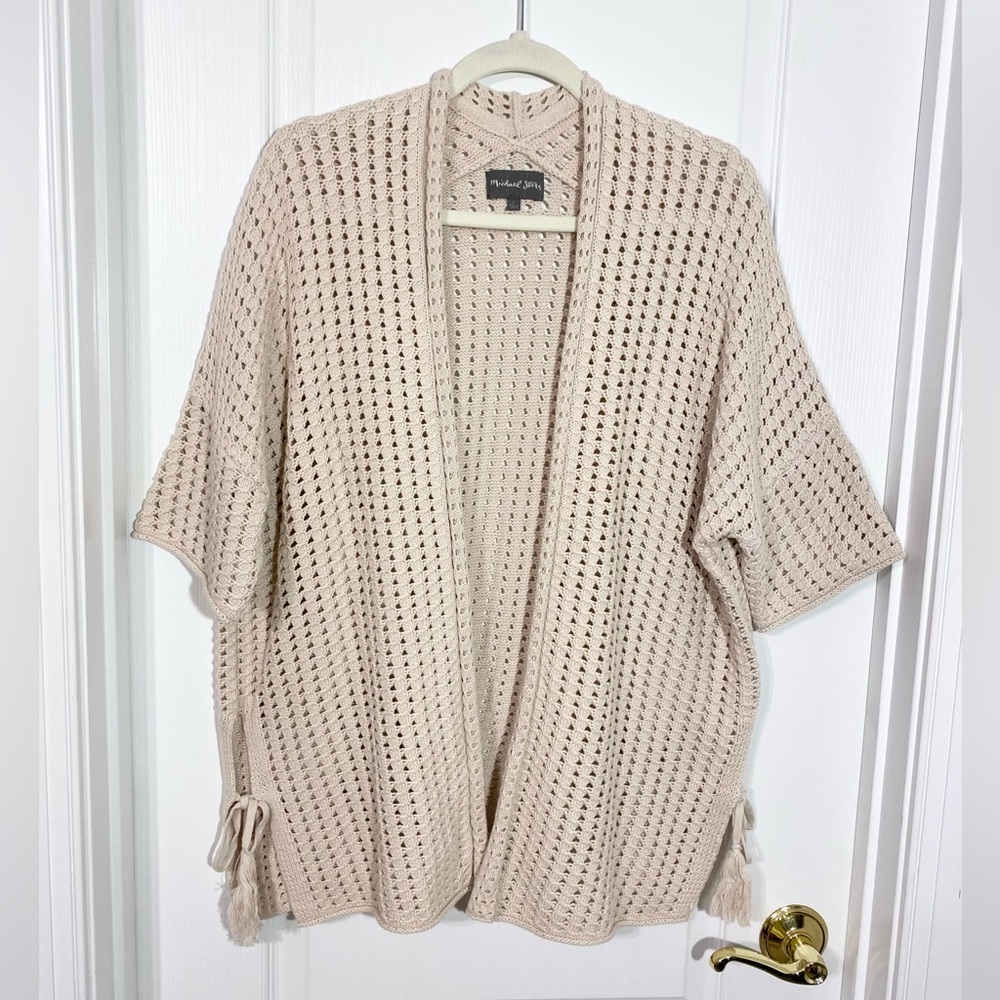 Michael Stars Open Knit Side Tassel Tie Kimono Cardigan Beige Cotton Size Large